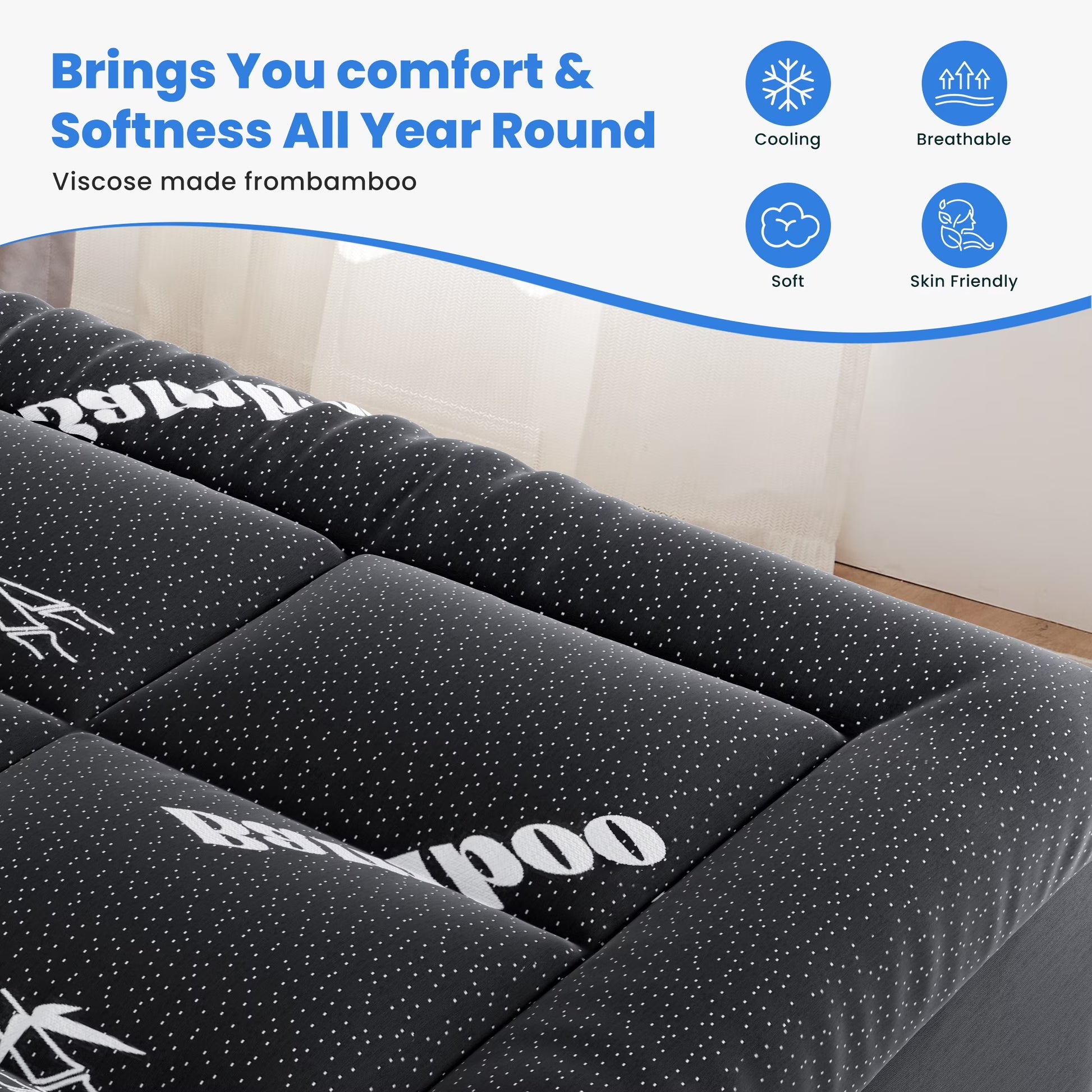 Full Mattress Protector, Thickened Mattress Pad with Bamboo Fiber Viscose Filling, Breathable, Soft, Cooling,Black, 54" X 75"
