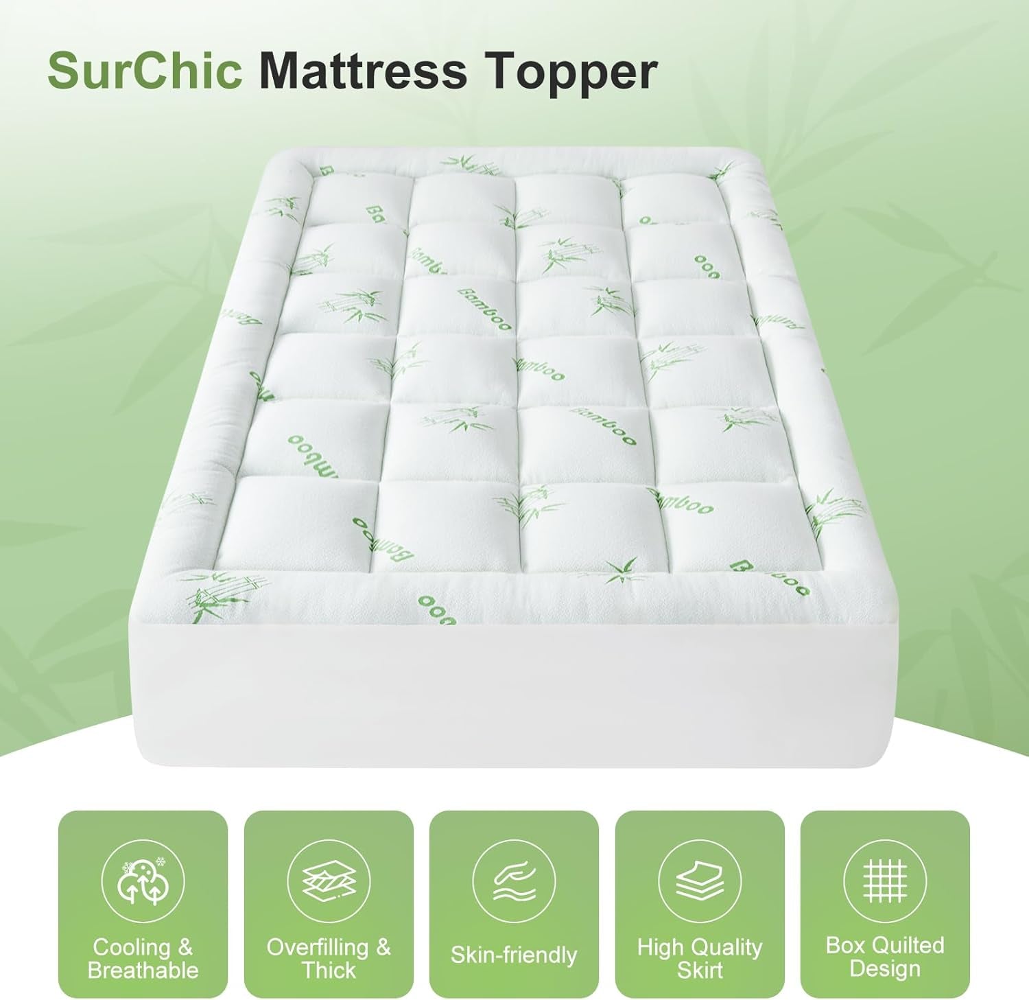 King Size Mattress Topper Viscose Derived from Bamboo, Soft Thick Pillow Top Mattress Pad Cover for Back Pain, Cooling Mattress Protector with 8-21 Inch Deep Pocket, White