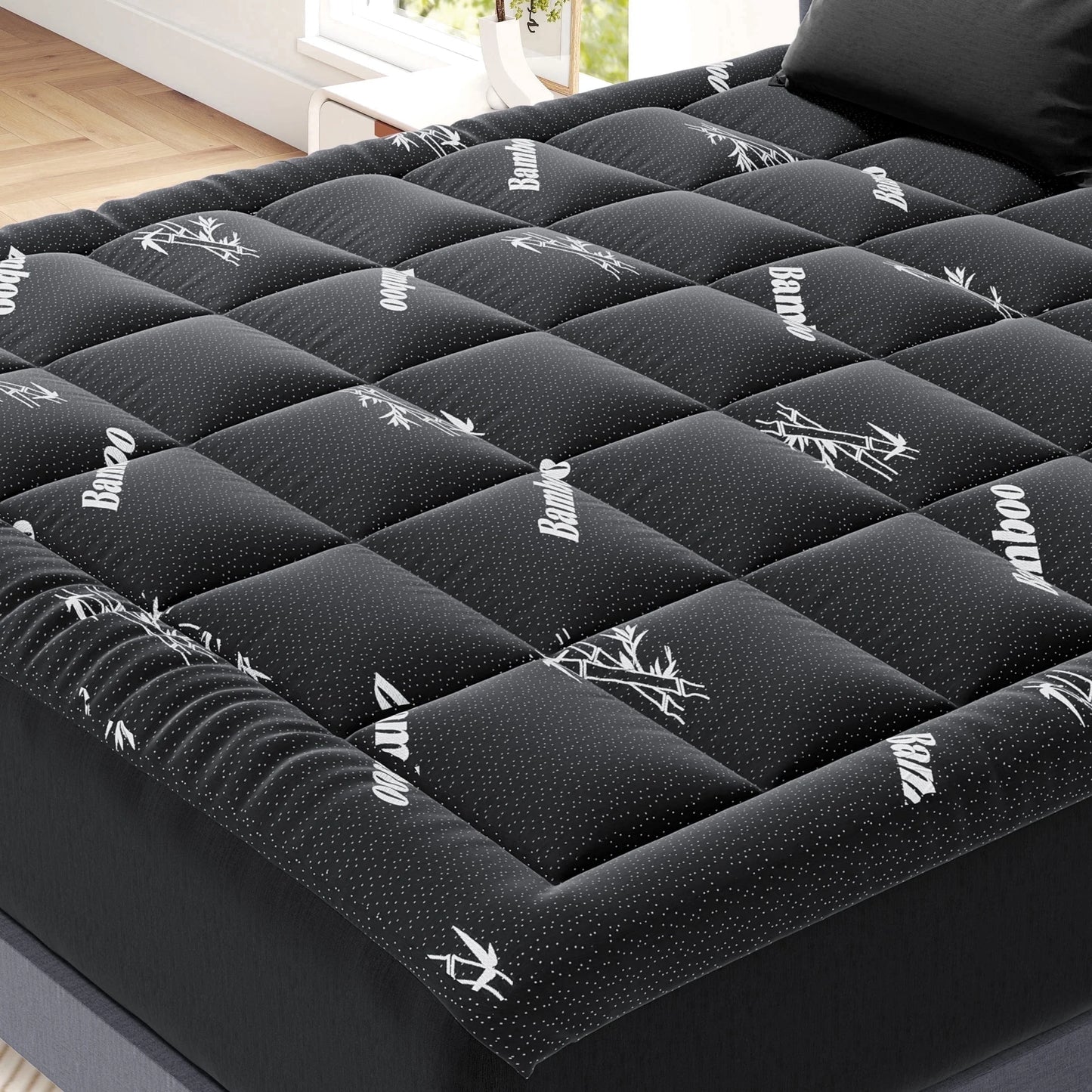Full Mattress Protector, Thickened Mattress Pad with Bamboo Fiber Viscose Filling, Breathable, Soft, Cooling,Black, 54" X 75"