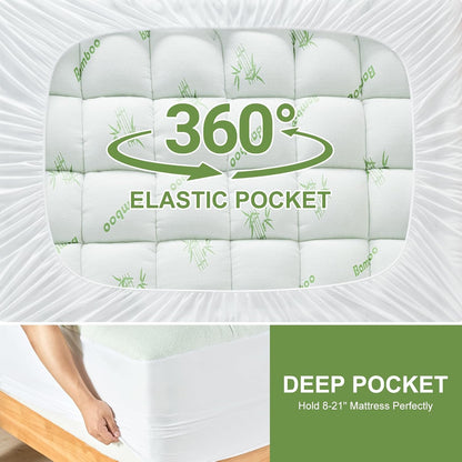 King Size Mattress Topper Viscose Derived from Bamboo, Soft Thick Pillow Top Mattress Pad Cover for Back Pain, Cooling Mattress Protector with 8-21 Inch Deep Pocket, White
