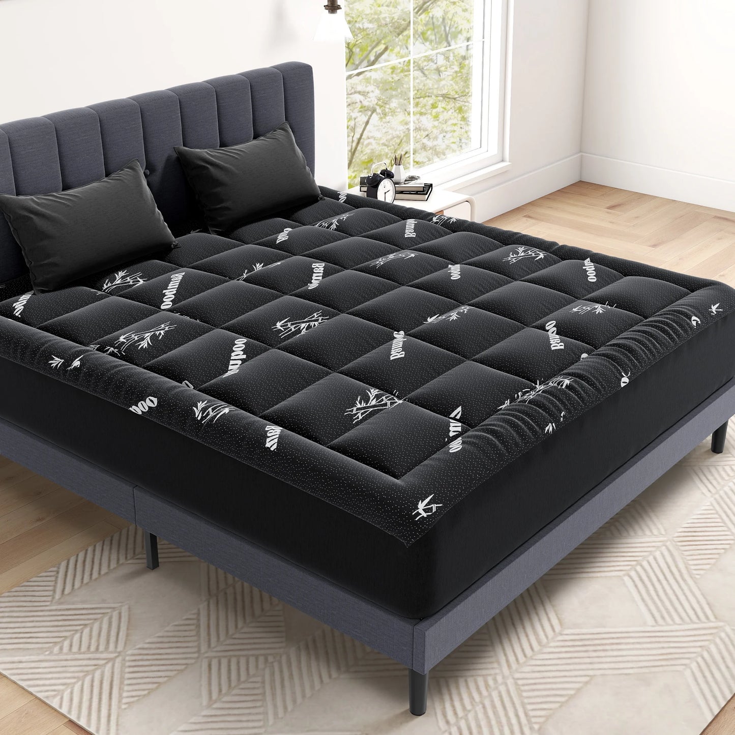 Full Mattress Protector, Thickened Mattress Pad with Bamboo Fiber Viscose Filling, Breathable, Soft, Cooling,Black, 54" X 75"