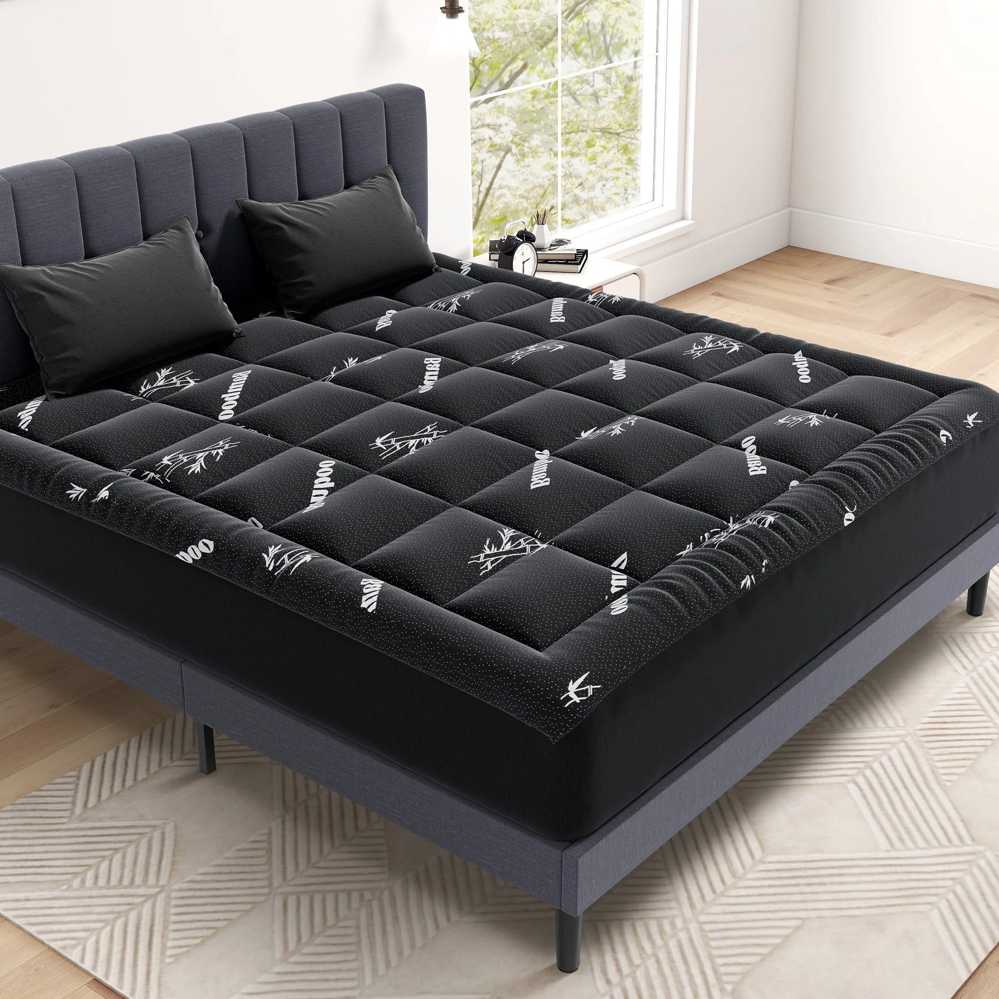 Full Mattress Protector, Thickened Mattress Pad with Bamboo Fiber Viscose Filling, Breathable, Soft, Cooling,Black, 54" X 75"